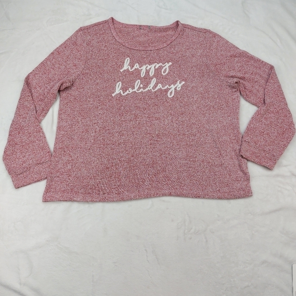 FALLS CREEK PINK RED HAPPY HOLIDAY RIBBON SCRIPT XMAS LONG SLEEVE KNIT TSHIRT XL